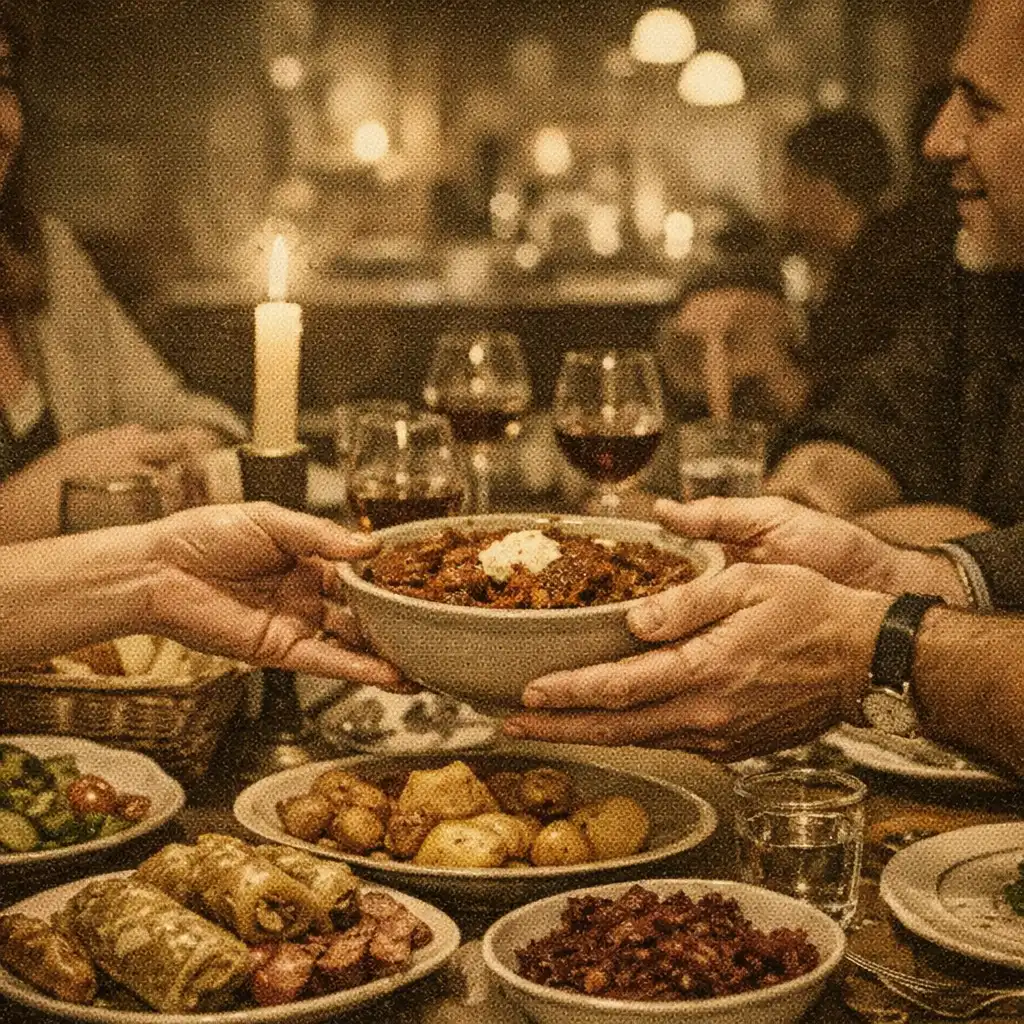 Közösen megosztott ételek, terített tányérok és beszélgető vendégek egy éttermi asztalnál.